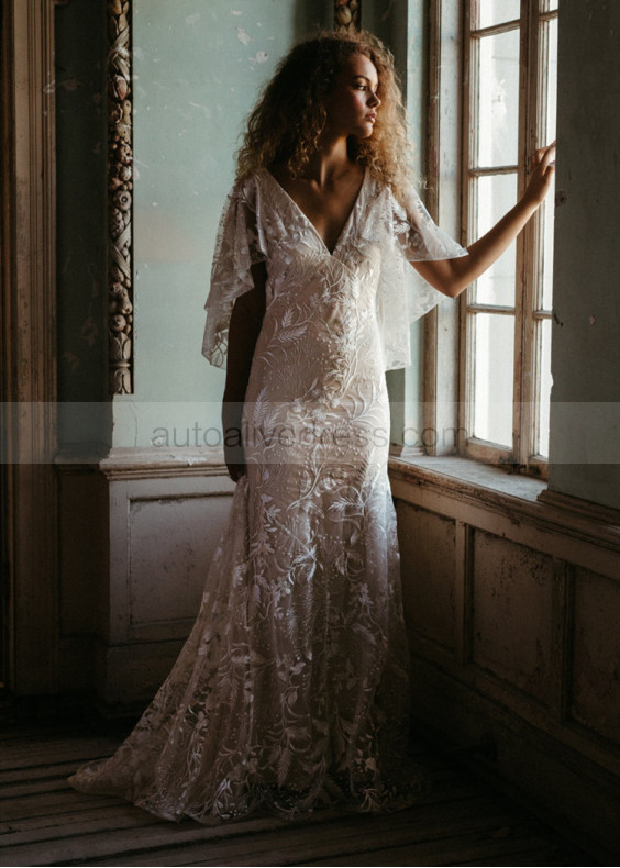 Cape Sleeve Ivory Lace Wedding Dress With Nude Lining